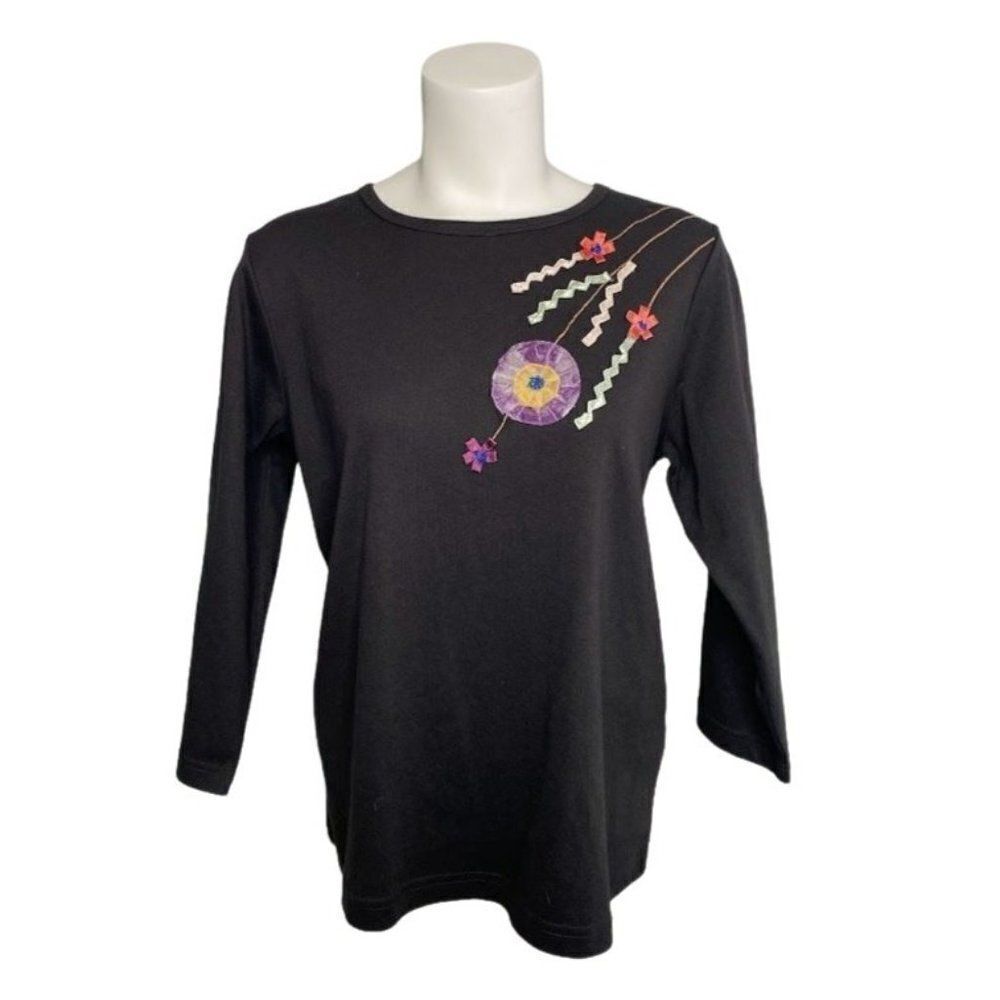 INDIGO MOON Black Crew Neck Embellished Ribbon Flowers Top Medium NEW